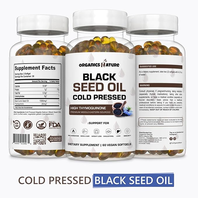 ORGANICS NATURE Black Seed Oil Capsules 1000MG Vegan Softgels, for Hair & Skin, Heart Support, Nigella Sativa - 100% Cold Pressed Cumin Seed Oil Capsules High Thymoquinone, Omega 3s