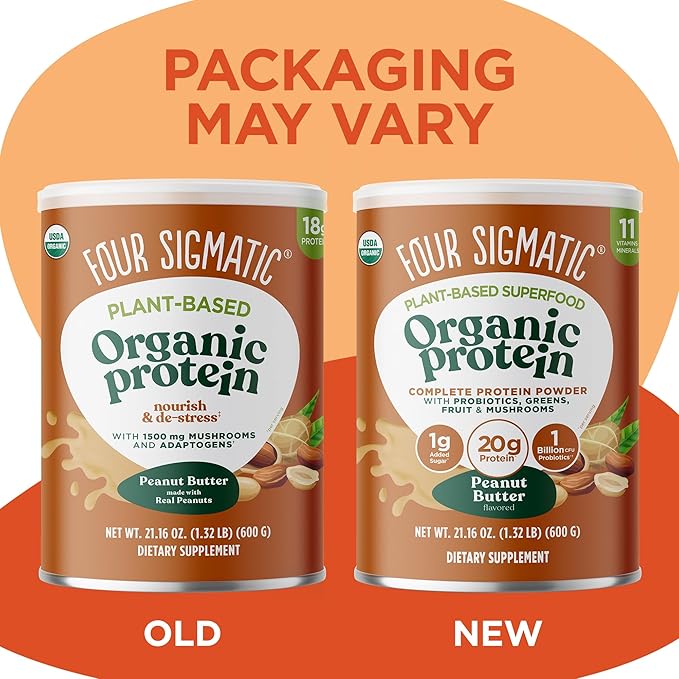 Four Sigmatic Organic Plant-Based Protein Powder Peanut Butter Protein with Lion’s Mane, Chaga, Cordyceps and More | Clean Vegan Protein Elevated for Brain Function and Immune Support | 21.16 oz