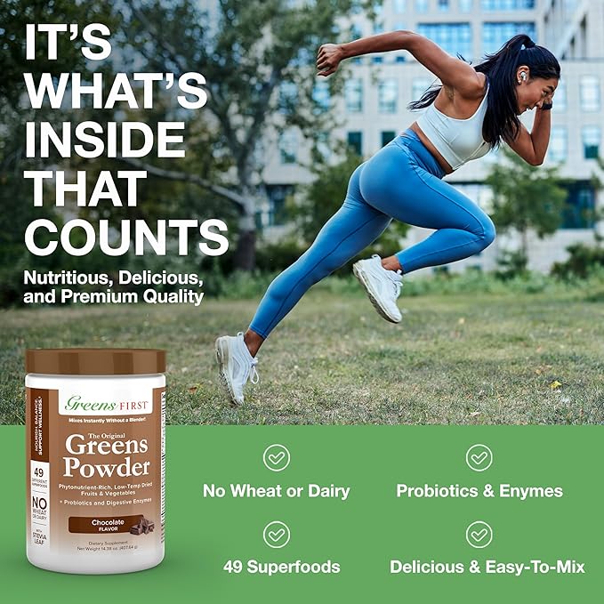 Greens First Original Greens Powder - 49 Superfoods - Organic Fruits & Veggies - Prebiotics, Probiotics, Digestive Enzymes - Antioxidant Smoothie - Dairy Free, Vegan, Non-GMO (Chocolate, 30 Servings)