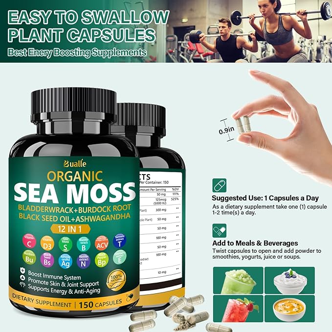 Organic Sea Moss Capsules with Sea Moss,Black Seed Oil,Ashwagandha,Bladderwrack,Ginger,Burdock Root for Immune System,Skin,Energy Support-150 Capsules (1 Pack)