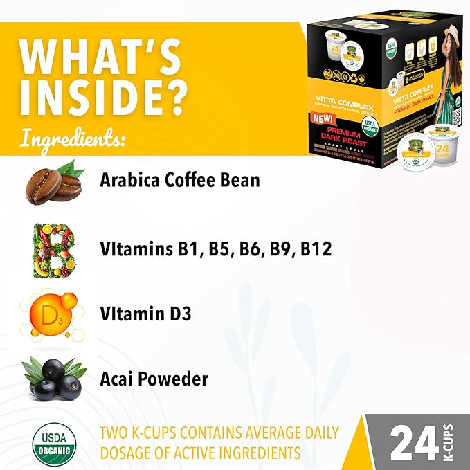 Sollo VITTA Dark Roast, Organic Coffee Pods - Enhanced with Vitamins B & D3 for Immunity Support, USDA Certified, Compatible with Keurig 2.0 K-Cup Brewers, 24 Ct