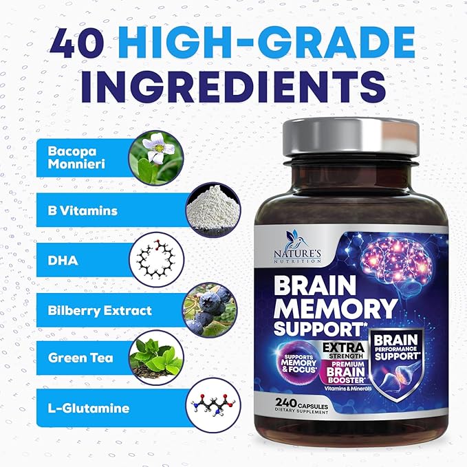 Brain Supplements for Memory and Focus - 40 Nootropics & Vitamins to Support Mental Alertness, Clarity & Concentration, Brain Health Cognitive Memory Pills, B6, B12, Phosphatidylserine - 240 Capsules
