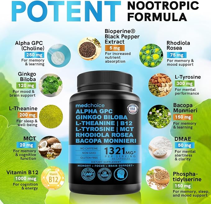 11-in-1 Nootropic Brain Supplements: Memory & 1321mg, 60ct 60ct - (2 pack)