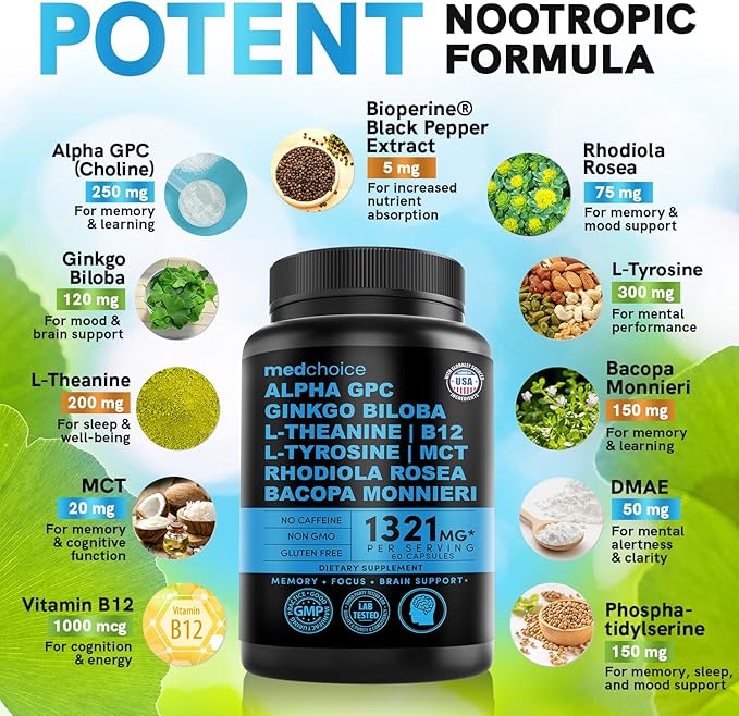 11-in-1 Nootropic Brain Supplements: Memory & 1321mg, 60ct 60ct - (3 pack)