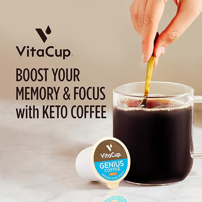 Decaf Genius Keto Coffee Pods with MCT Oil, Turmeric, and B Vitamins by VitaCup for Focus in Recyclable Single Serve Pod Compatible with K-Cup Brewers Including Keurig 2.0, 32 CT