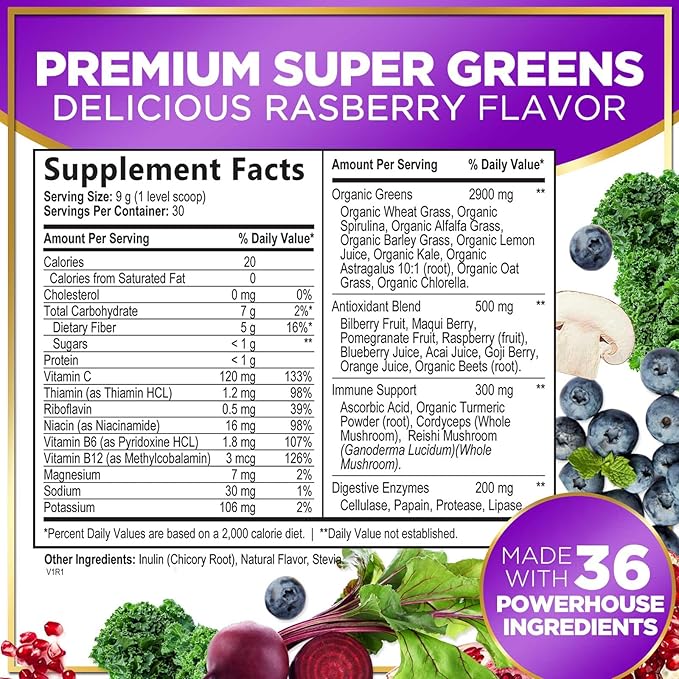 Greens Superfood Powder - Super Greens Powder Mix with Digestive Enzymes, Antioxidants, Spirulina & Chlorella for Energy Support, 20+ Amazing Superfoods & Greens Blend, Vegan, Non-GMO - 30 Servings