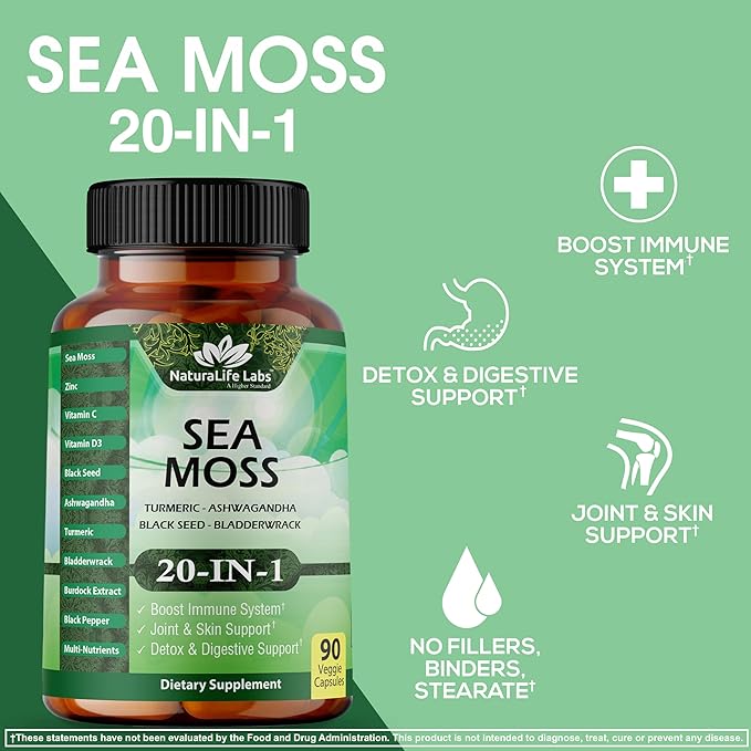 Sea Moss 6000mg - Black Seed Oil 2500mg - Bladderwrack 2000mg - Turmeric 1500mg Ashwagandha 1000mg - Burdock 1000mg - Vitamin C, D3, Yellow Dock Root, Manuka, Dandelion - 90 Veggie caps