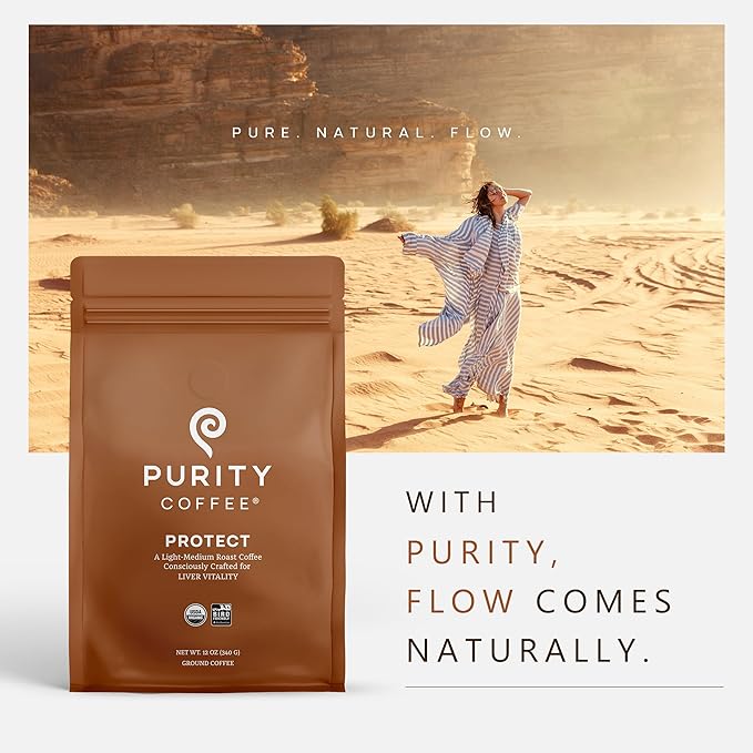 Purity Coffee PROTECT Light-Medium Roast Ground Coffee for Liver Vitality - USDA Organic and Third-Party Tested for Antioxidants, Mold, Mycotoxins and Pesticides - 12oz