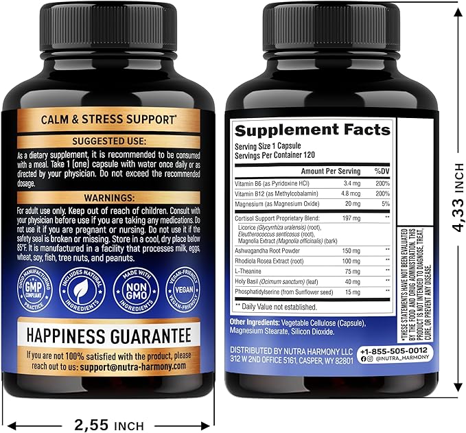 Cortisol Supplement for Women - Natural Based Hormone Balance - Ashwagandha | Rhodiola | Holy Basil | L-Theanine - Mood, Focus & Sleep Support - Made in USA - Vegan, Non-GMO - 120 Capsules for 4 Month