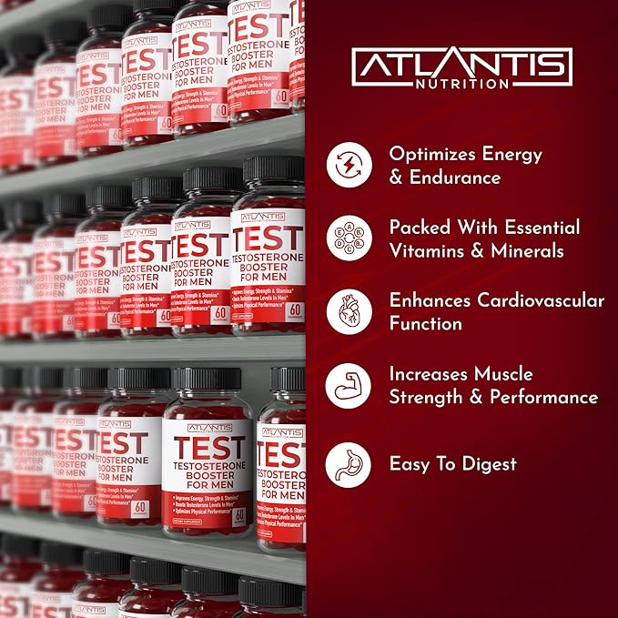 Atlantis Nutrition Testosterone Booster For Men Gummies - Male Enhancement, Boosts Energy, & Optimizes Physical Performance Formulated w/Tribulus, Horny Goat Weed, Saw Palmetto, Maca Root - 60 Gummies