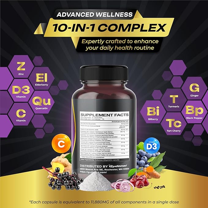 Elderberry Quercetin Bilberry Turmeric Tart Cherry D3 Zinc -150 Capsules-