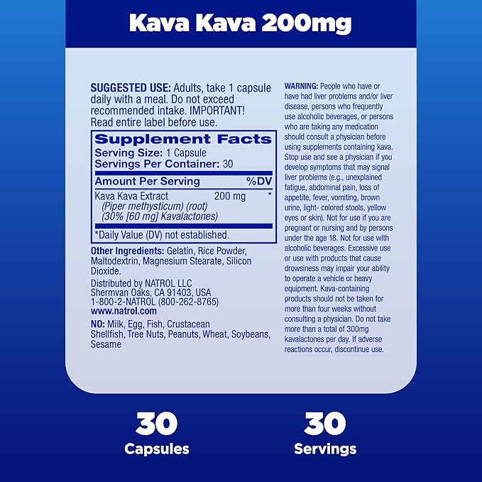 Natrol Mood & Stress Kava Kava 200mg, Dietary 30 Capsules, 15-30 Day