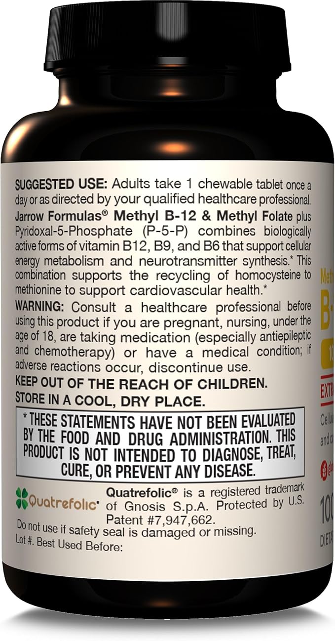 Jarrow Formulas Extra Strength Methyl B-12 1000mcg & 400 mcg P-5-P, Supplement Support,100 Chewable Tablets,100 Day 12 Packs
