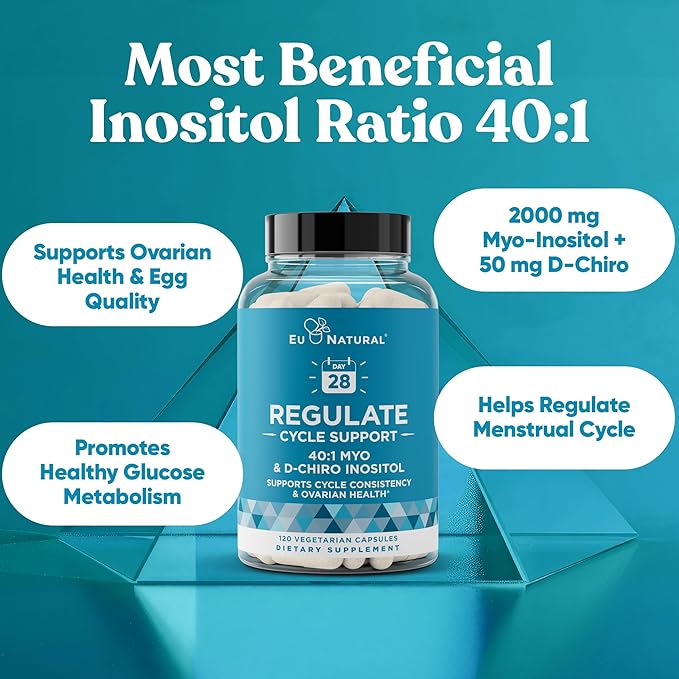 Regulate Cycle Support – Hormone Balance for Women at Optimal 40:1 Myo-Inositol & D-Chiro Inositol – Supplement for Period Consistency, Menstrual & Ovulation Support – 120 Vegan Soft Capsules