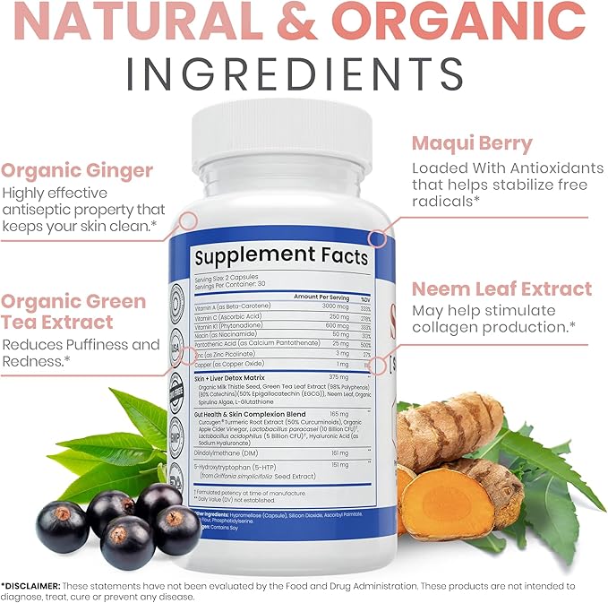 Zen Nutrients SkinVite Natural Skin Supplement for Women, Men & Teens- Hormonal Skin Treatment & Clear Skin Support Supplement - Detoxifying Vitamin for Clear Skin, Acne and Digestion Support