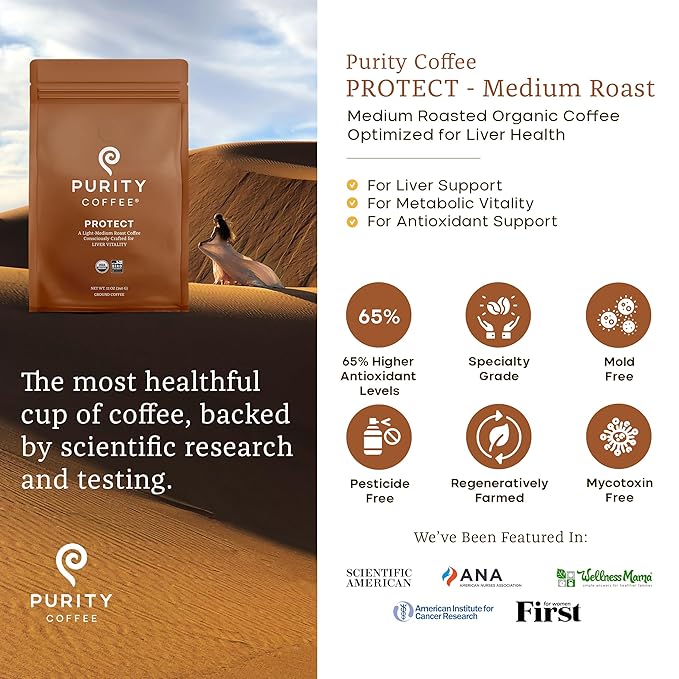 Purity Coffee PROTECT Light-Medium Roast Ground Coffee for Liver Vitality - USDA Organic and Third-Party Tested for Antioxidants, Mold, Mycotoxins and Pesticides - 12oz