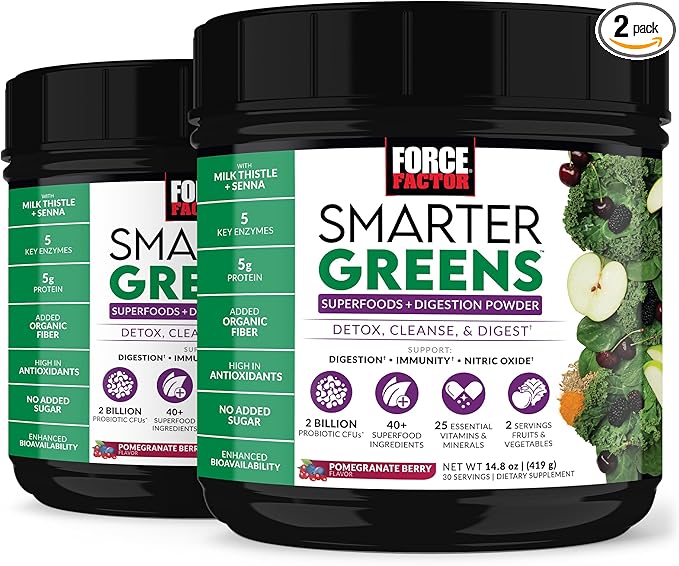 Force Factor Smarter Greens Superfoods Powder to Support Digestion, Gut Health, Bloating, Greens Powder with Probiotics, Prebiotics, Digestive Enzymes, & Adaptogens, Pomegranate Berry, 60 Servings
