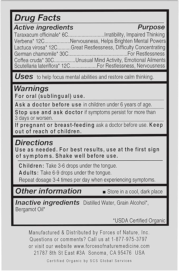 Forces of Nature Focus Supplement, Focus More Homeopathic Medicine, 0.34 Fl Oz, Nootropics Brain Support Supplement, Helps Memory & Concentration