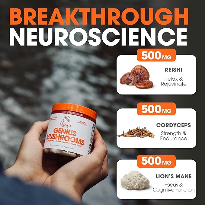 The Genius Brand - Genius Mushroom Supplement - Lion's Mane, Cordyceps, Reishi - Brain Nootropic for Energy, Focus, Overall Wellness, & Immune Support, 180 Veggie Pills