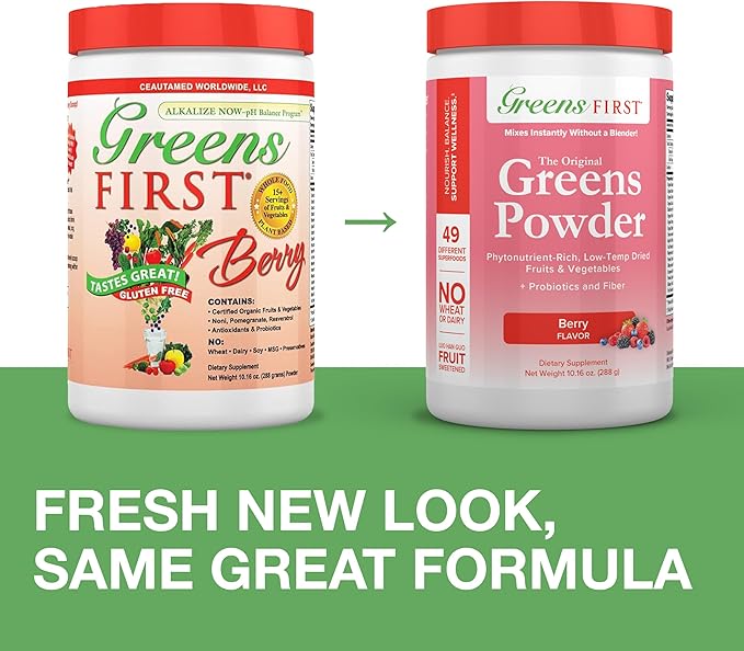 Greens First Original Greens Powder - 49 Superfoods - Organic Fruits & Veggies - Prebiotics, Probiotics & Digestive Enzymes - Antioxidant Smoothie - Dairy Free, Vegan & Non-GMO (Berry, 30 Servings)