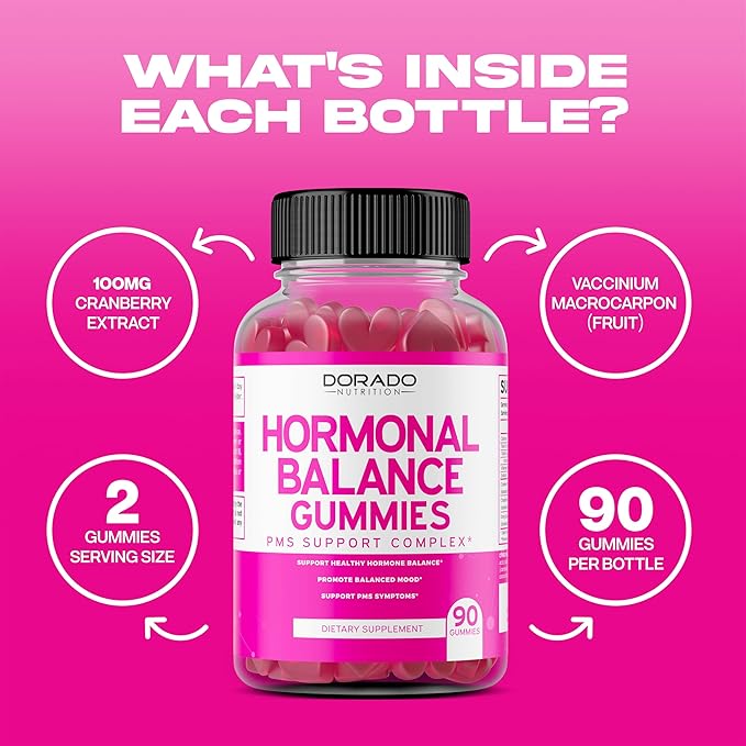 Hormone Balance For Women Gummies & PMS Gummies (90 Count) - Natural Hormone Balance for Women - Cramps, Bloating, Mood Swings, Hot Flashes - Formulated with Cranberry, Dong Quai & Chasteberry