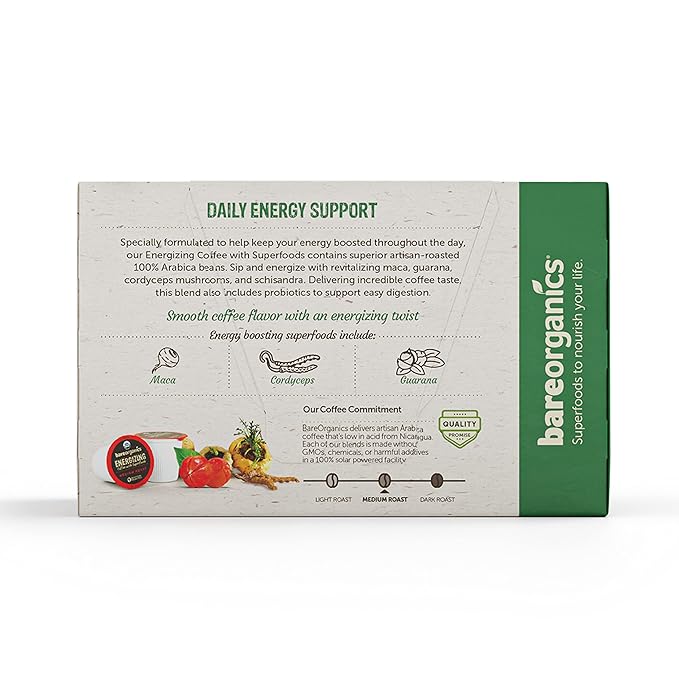 BareOrganics 13214 ENERGIZING USDA Organic Coffee Infused with Superfoods & Probiotics, Organic Coffee Pods, Keurig K-Cup Compatible Organic Coffee Pods, Vegan, Gluten Free, 10 Single (Pack of 2)