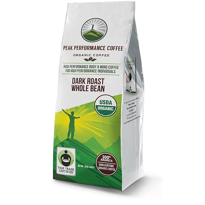 Peak Performance High Altitude Organic Coffee. Fair Trade, Low Acid, Non GMO, and Beans Full Of Antioxidants. Dark Roast Smooth Tasting USDA Certified Organic Whole Bean Coffee Bag