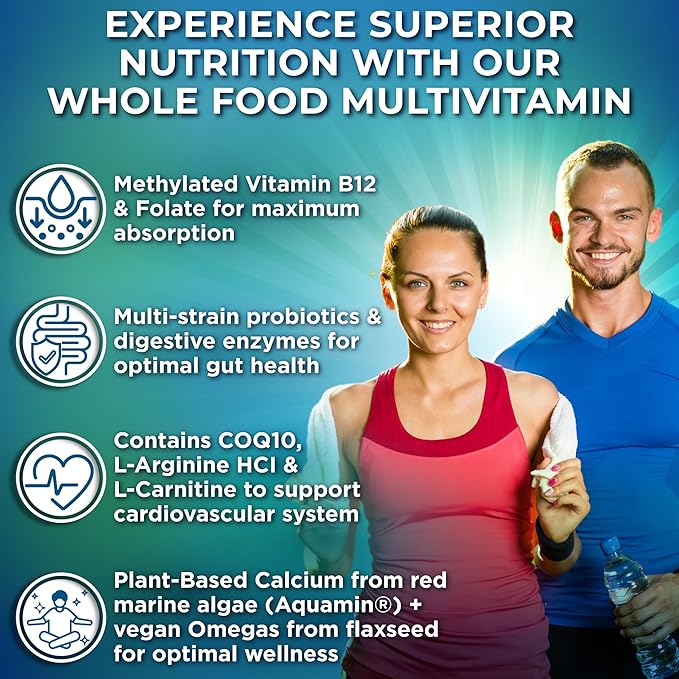 Vegan Whole Food Multivitamin with Iron, Daily Multivitamin for Women and Men, Made with Fruits & Vegetables, B-Complex, Probiotics, Enzymes, CoQ10, Omegas, Turmeric, Non-GMO, 90 Count
