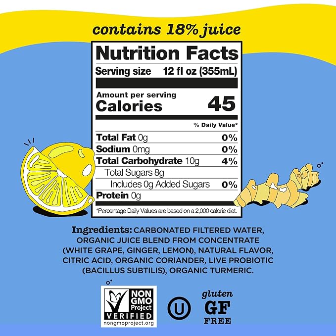 Culture Pop Soda, Ginger Lemon & Turmeric, Probiotic Low Sugar Soda, Sparkling Juice Alternative, Non-GMO, Kosher, Gluten-Free, No Stevia (12pk)