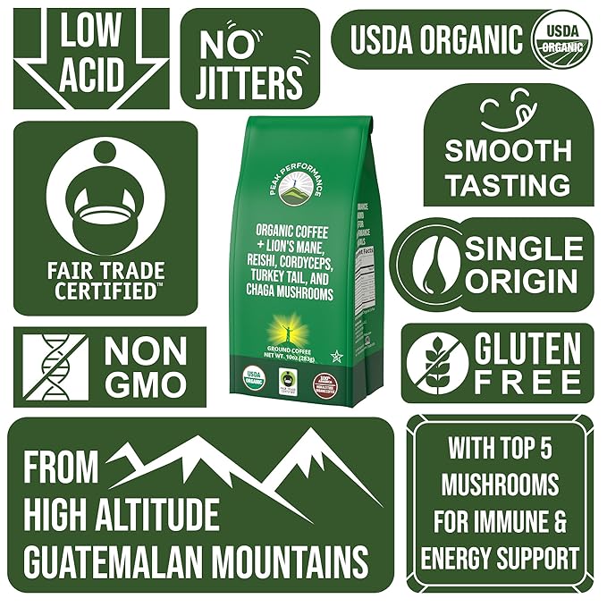 Organic Low Acid Mushroom Coffee with Lion's Mane, Reishi, Cordyceps, Turkey Tail, and Chaga Mushrooms. Premium High Altitude Medium Roast Ground Bags. Great Tasting (Unlike Cheap Instant Coffee)