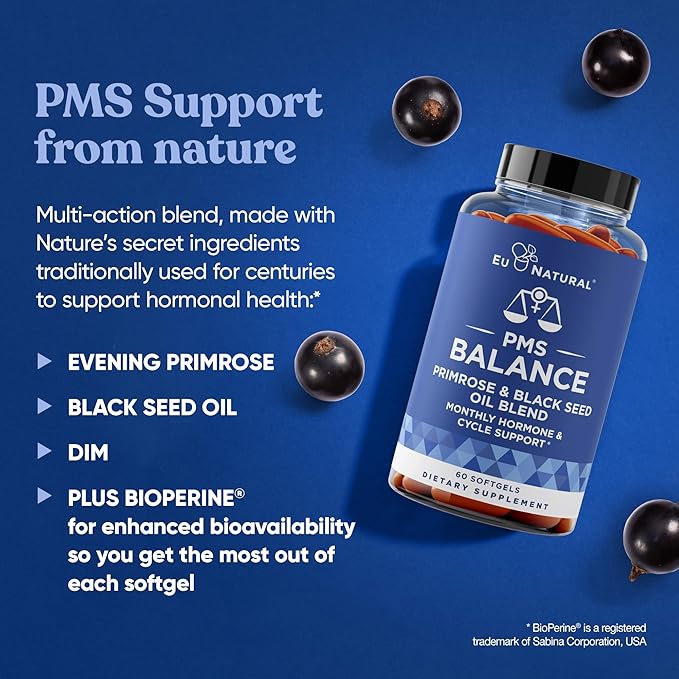 Balance PMS Vitamins for Women - Hormone Balance for Women, Menstrual & PMS Relief - Bloating, Cramping, Mood Swings, Restlessness, Clear Skin - Primrose Oil, Black Seed Oil & DIM - 60 Liquid Softgels