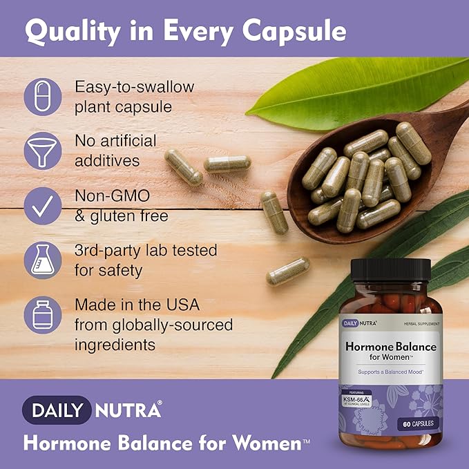 Hormone Balance - Women's Serotonin Supplement - KSM-66 Ashwagandha, Dong Quai, Chaste Tree Berry, Rhodiola, & Cocoa Bean Extracts - for Female Hormones, PMS, Menopause (60 Capsules)