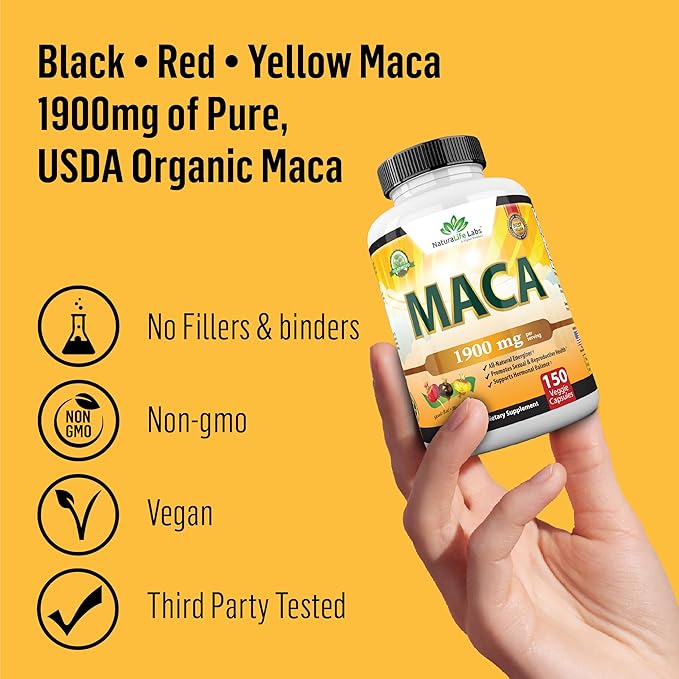 Organic Maca Root Black, Red, Yellow 1900 MG per Serving - 150 Vegan Capsules Peruvian Maca Root Gelatinized 100% Pure Non-GMO Supports Reproductive Health Natural Energizer