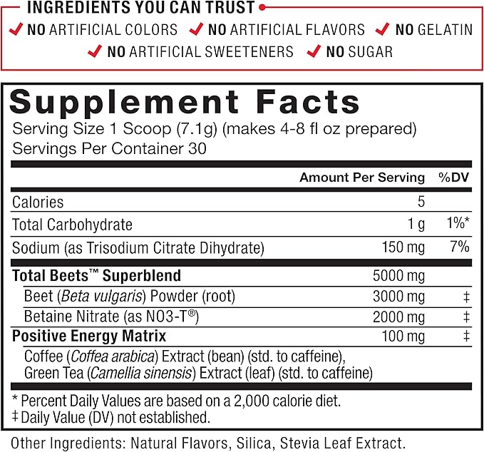 Force Factor Total Beets Energy Drink Mix, Superfood Beet Root Powder with Nitrates to Boost Energy and Support Circulation, Blood Flow, Nitric Oxide and Stamina, Heart Health Supplement, 30 Servings