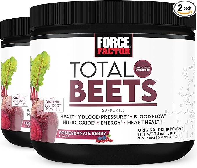 Force Factor Total Beets Drink Mix Superfood Powder with Nitrates to Support Circulation, Nitric Oxide, Energy, Endurance, and Stamina, Cardiovascular Heart Health Supplement, 60 Servings, 2-Pack