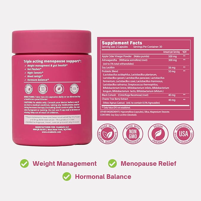 Complete Menopause Vitamins - Ashwaghanda, Probiotics, ACV for Weight Management, Hot Flashes, Night Sweats, Bloat, Hormone Balance - Vegan 60 Caps Menopause Supplements for Women Non-GMO