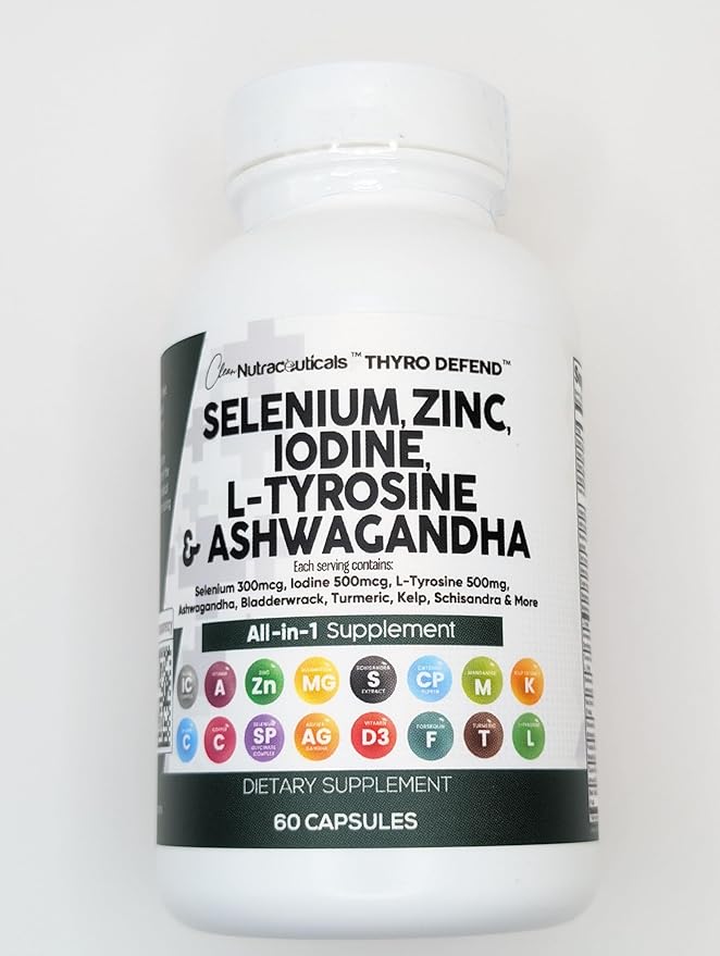 Clean Nutraceuticals Selenium 300mcg Zinc 50mg Iodine 500mcg L Tyrosine 500mg Ashwagandha - Thyroid Support Supplement for Women & Men w/Bladderwrack, Turmeric, Kelp, Schisandra - 60 Capsules