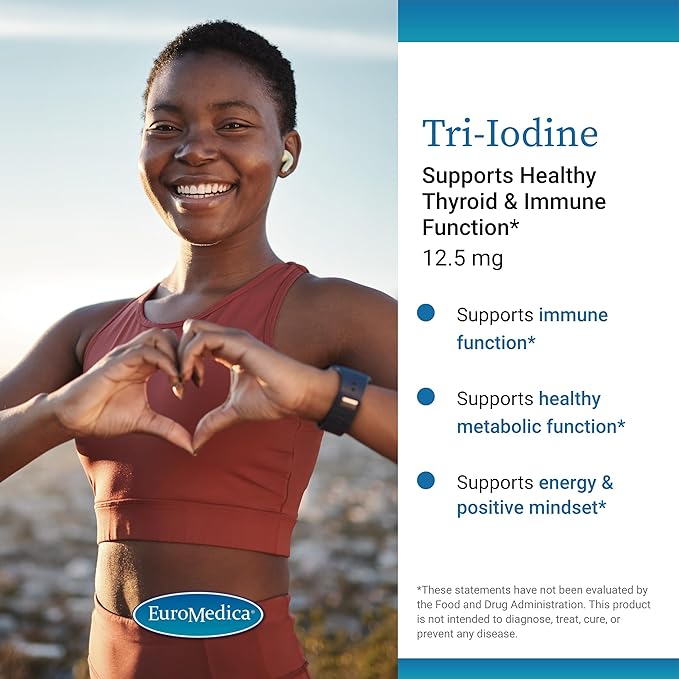 EuroMedica Tri-Iodine - Support Thyroid Health - Aids Hormone Balance with Molecular Iodine from Kelp - Features Potassium Iodide & Sodium Iodide - Brain & Energy Support - 12.5mg, 90 Capsules