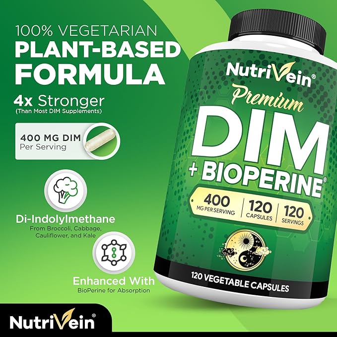 Nutrivein DIM Supplement 400mg Diindolylmethane Plus Bioperine - Maintain Hormone Balance with Estrogen for Menopause and Middle Age - Supports Acne and PCOS Treatment Men & Women
