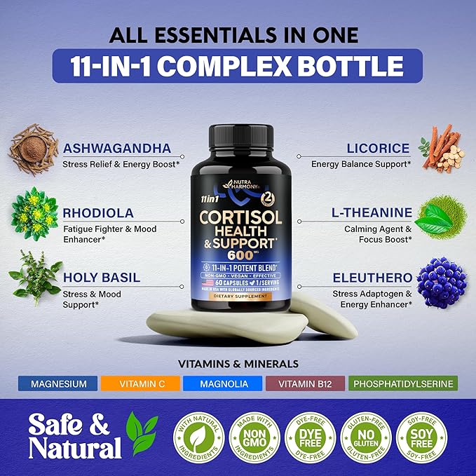 Cortisol Supplement - 11-in-1 Hormone Balance 600 mg 60 Capsules, 2 Month