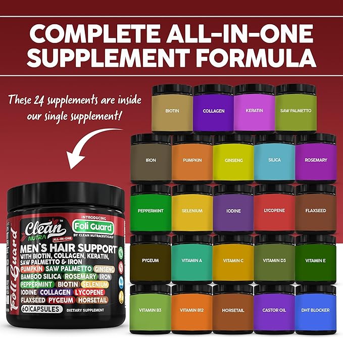 Hair Growth Supplement for Men | Biotin Collagen Keratin Saw Palmetto Iron Pumpkin Ginseng Bamboo Silica Rosemary Peppermint Selenium Iodine Flaxseed Horsetail Vitamin A C D3 E B12 by Clean Nutra (1)