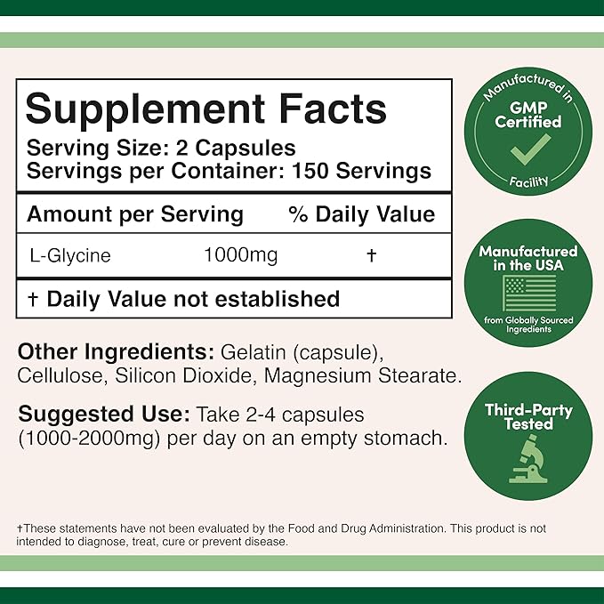 Glycine Supplement - 1,000mg Glycine Powder (300 Capsules)