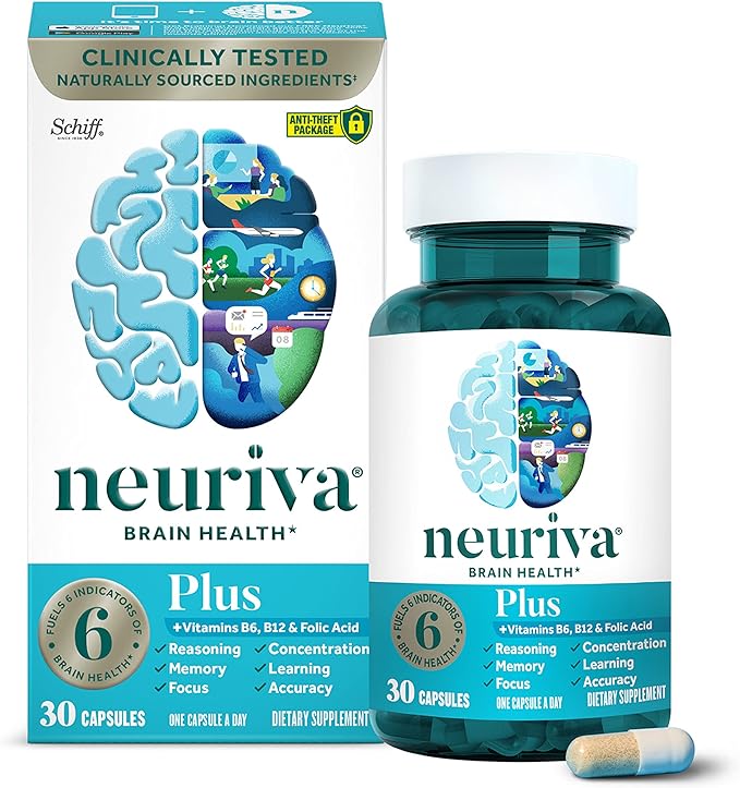 NEURIVA Plus Brain Supplement for Memory B6, B12, B12, Phosphatidylserine 30 Capsules