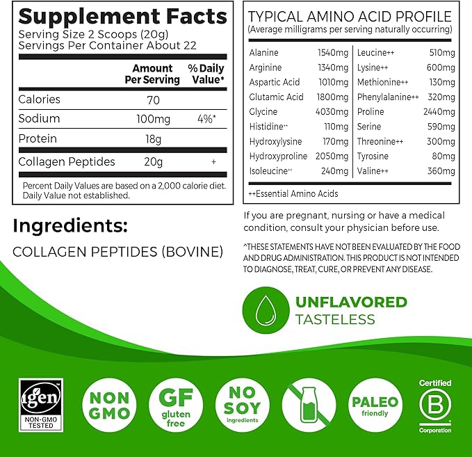 Orgain Hydrolyzed Collagen Peptides Powder 20g Grass 1lb