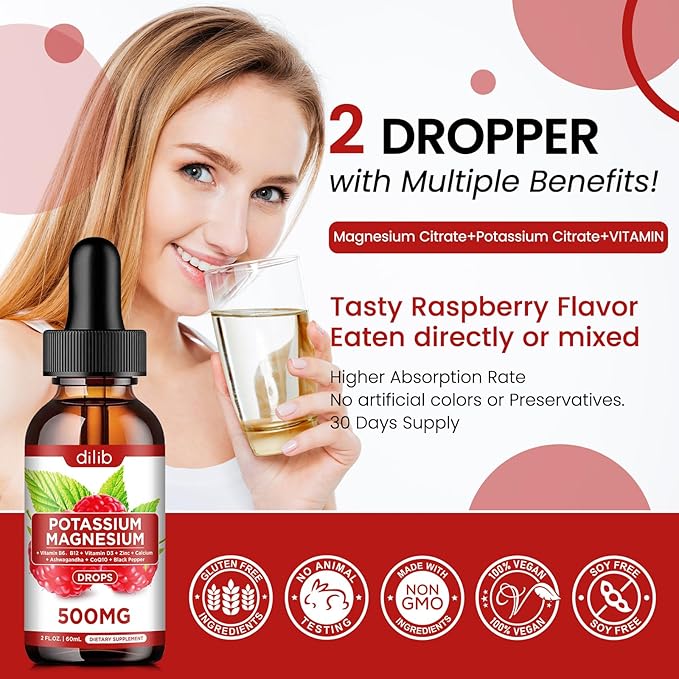 Potassium Magnesium Citrate Supplement, Liquid Magnesium Citrate Drops 500mg with Ashwagandha, Calcium, Zinc, Vitamin D3, B6, B12, CoQ10 - Vegan 2 fl oz Raspberry Flavor