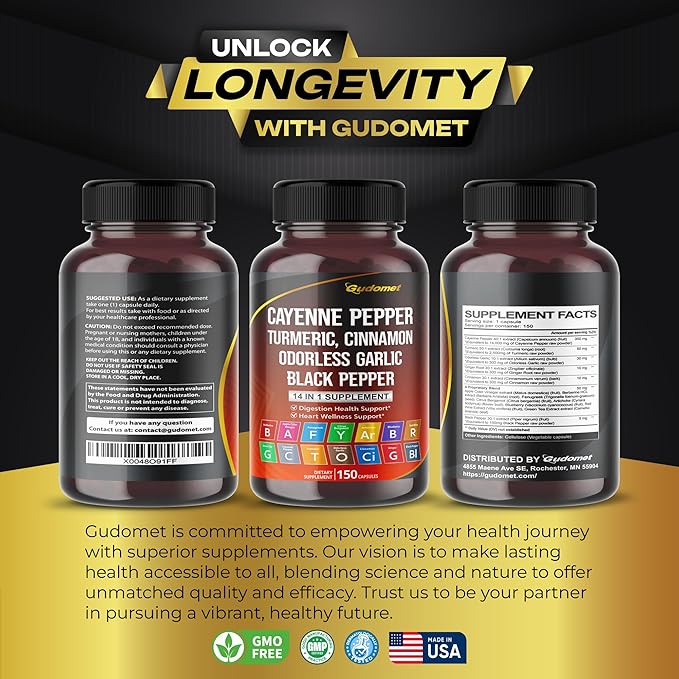 Cayenne Pepper Turmeric Odorless Garlic Cinnamon -150 Capsules-