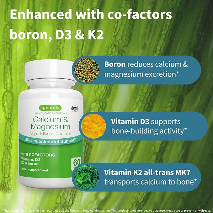 High Absorption Algae Calcium & Magnesium K2 & D3, Non-GMO 60 Tablets,
