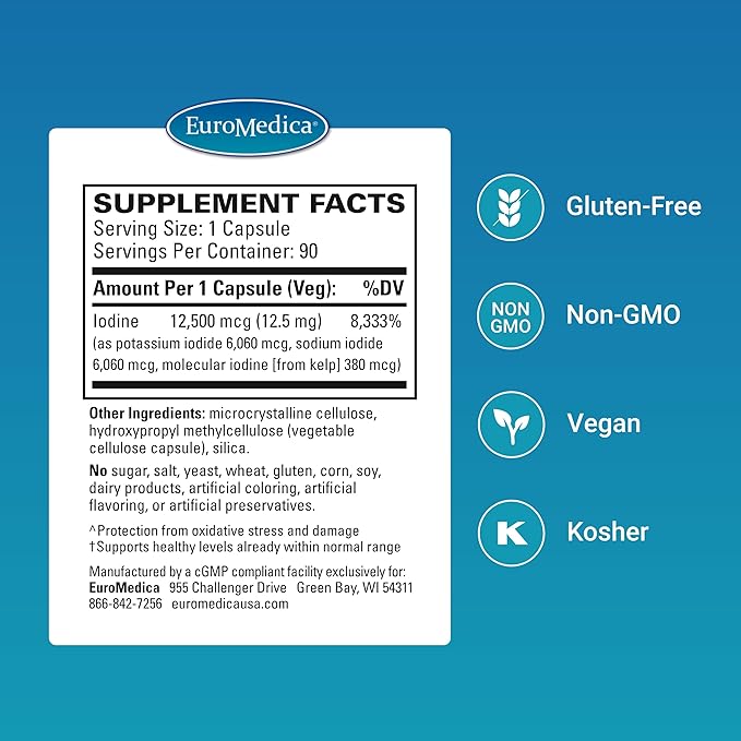 EuroMedica Tri-Iodine - Support Thyroid Health - Aids Hormone Balance with Molecular Iodine from Kelp - Features Potassium Iodide & Sodium Iodide - Brain & Energy Support - 12.5mg, 90 Capsules