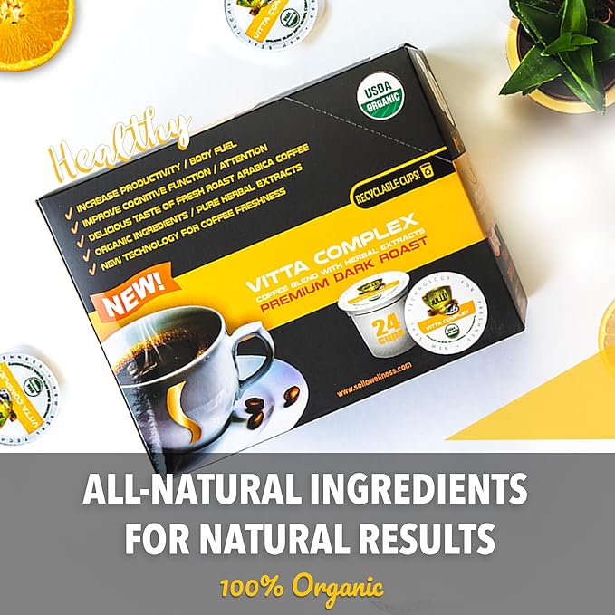 Sollo VITTA Dark Roast, Organic Coffee Pods - Enhanced with Vitamins B & D3 for Immunity Support, USDA Certified, Compatible with Keurig 2.0 K-Cup Brewers, 24 Ct