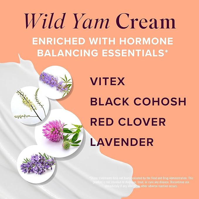 Wild Yam Cream for Hormone Balance | 3450mg Wild Yam for Herbal Menopause & PMS Support | Enriched with Vitex, Black Cohosh, Lavender & More | Estrogen & Progesterone Free Balancing Cream | 4 Oz.